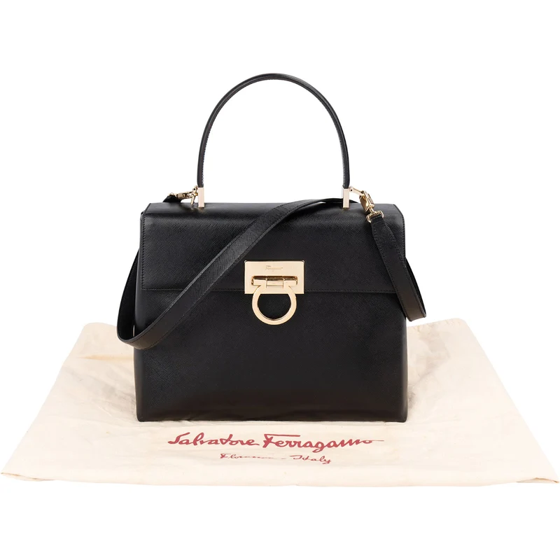Salvatore Ferragamo Black Leather Margot Top Handle Handbag