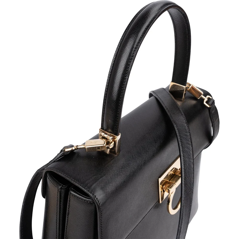 Salvatore Ferragamo Black Leather Margot Top Handle Handbag