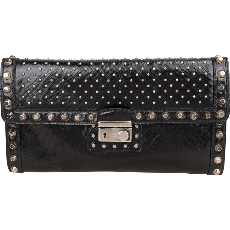 Prada Saffiano Move Leather Studded Lock Clutch Bag
