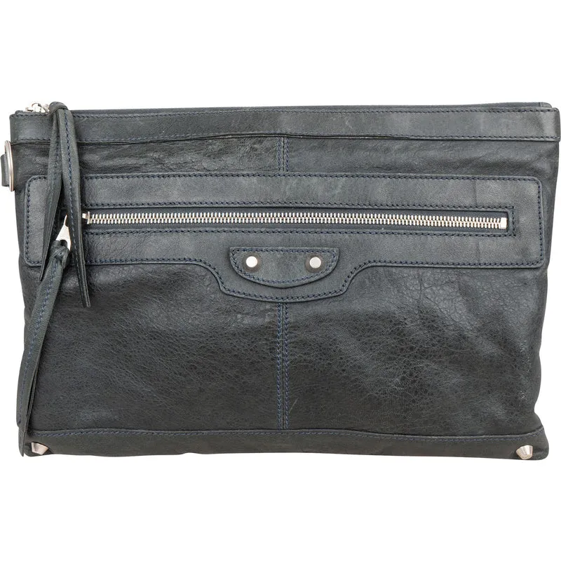 Balenciaga Dark Green Arena Leather City Pochette Clutch
