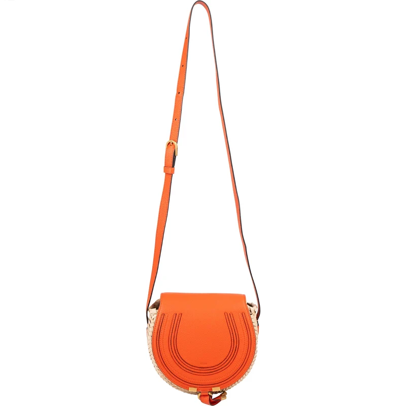 Chloé Grained Calfskin Raffia Marcie Saddle Basket Crossbody Bag