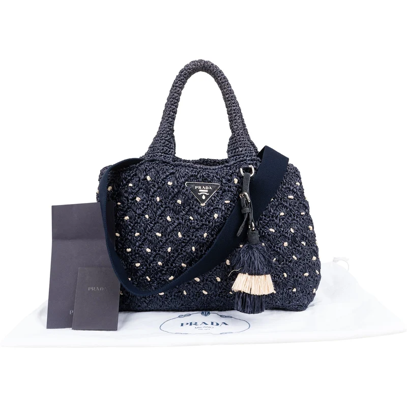 Prada Woven Raffia Polka-Dot Tote Shoulder Handbag