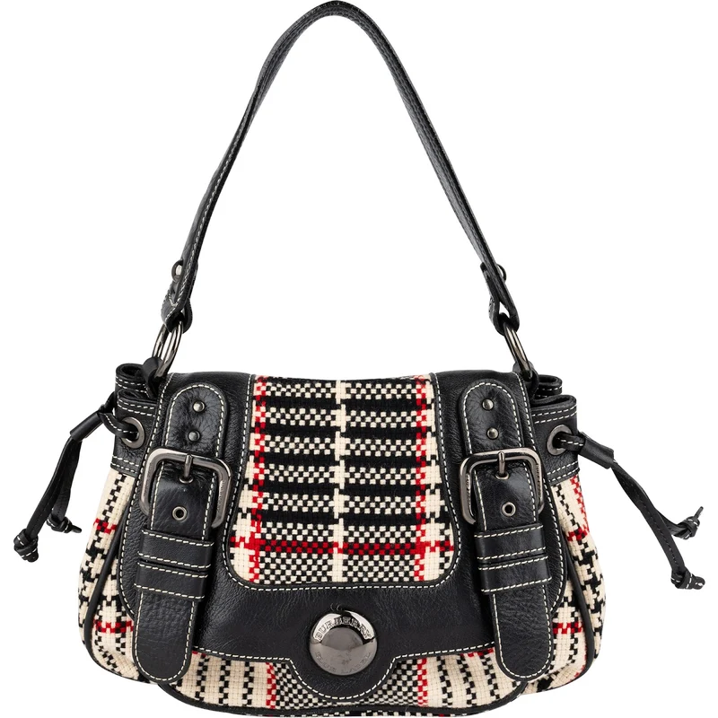 Burberry Blue Label Woven Plaid Monogram Drawstring Shoulder Bag