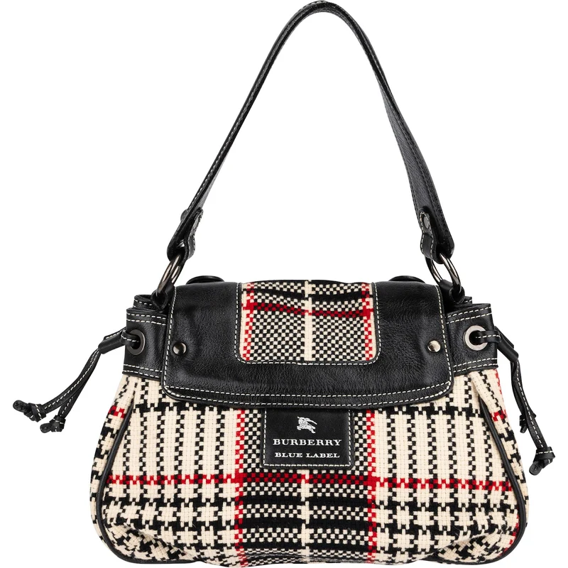 Burberry Blue Label Woven Plaid Monogram Drawstring Shoulder Bag