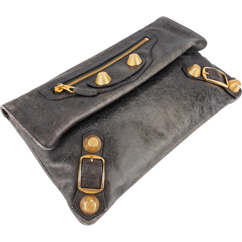 Balenciaga Grey Blue Leather GHW Envelope City Clutch