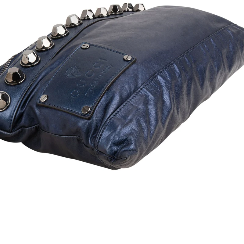 Gucci Blue Metallic Leather Babouska Studded Clutch Shoulder Bag