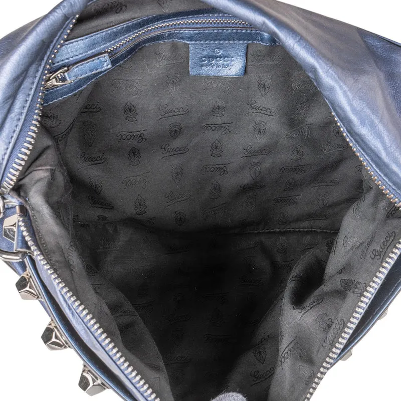 Gucci Blue Metallic Leather Babouska Studded Clutch Shoulder Bag
