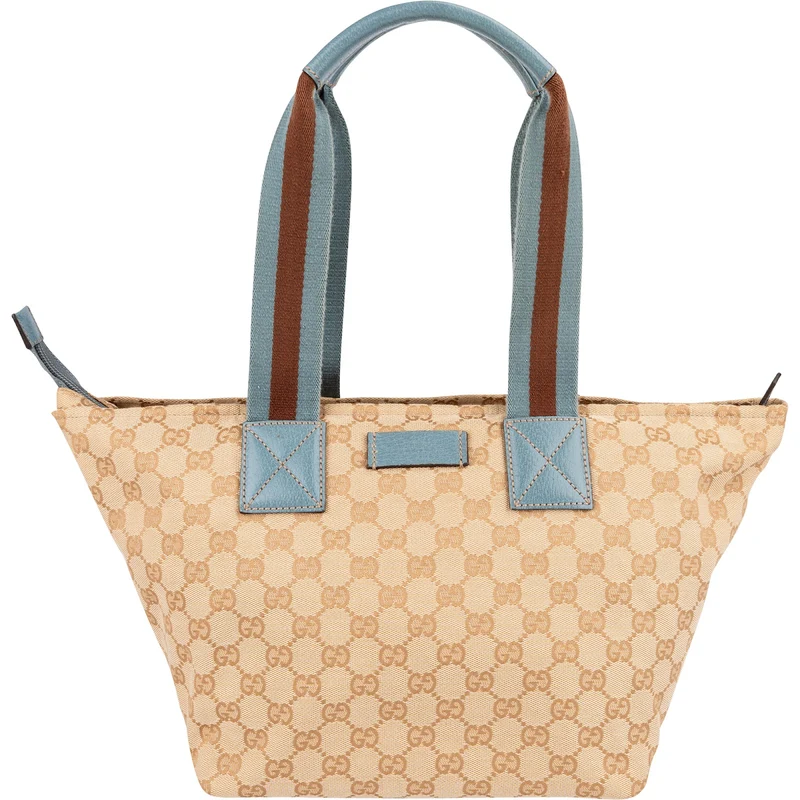 Gucci Monogram GG Canvas Blue Web Stripe Shopper Shoulder Bag