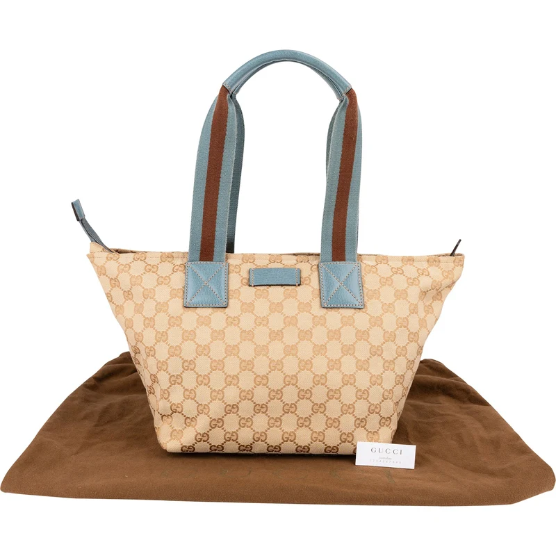 Gucci Monogram GG Canvas Blue Web Stripe Shopper Shoulder Bag