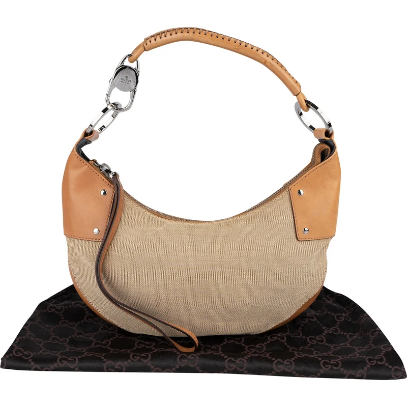 Gucci Canvas Leather Half Moon Woven Handle Shoulder Bag