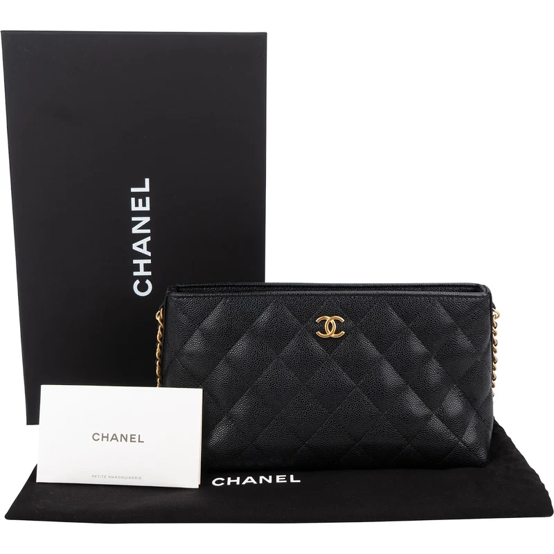 Chanel Quilted Caviar Leather Side Chain Clutch Bag