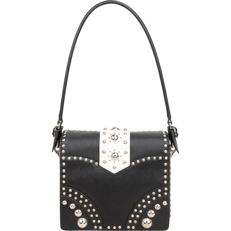 Prada Saffiano Leather Studded Fringe Turnlock Cahier Shoulder Bag