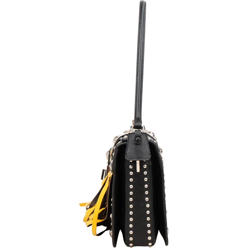 Prada Saffiano Leather Studded Fringe Turnlock Cahier Shoulder Bag