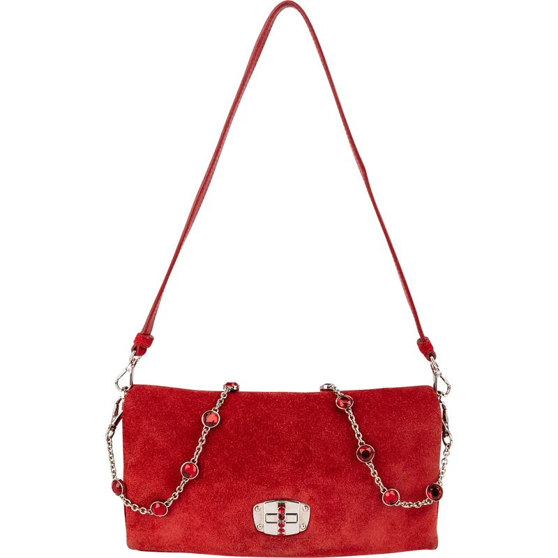 Miu Miu Red Suede Jeweled Chain Shoulder Crossbody Bag