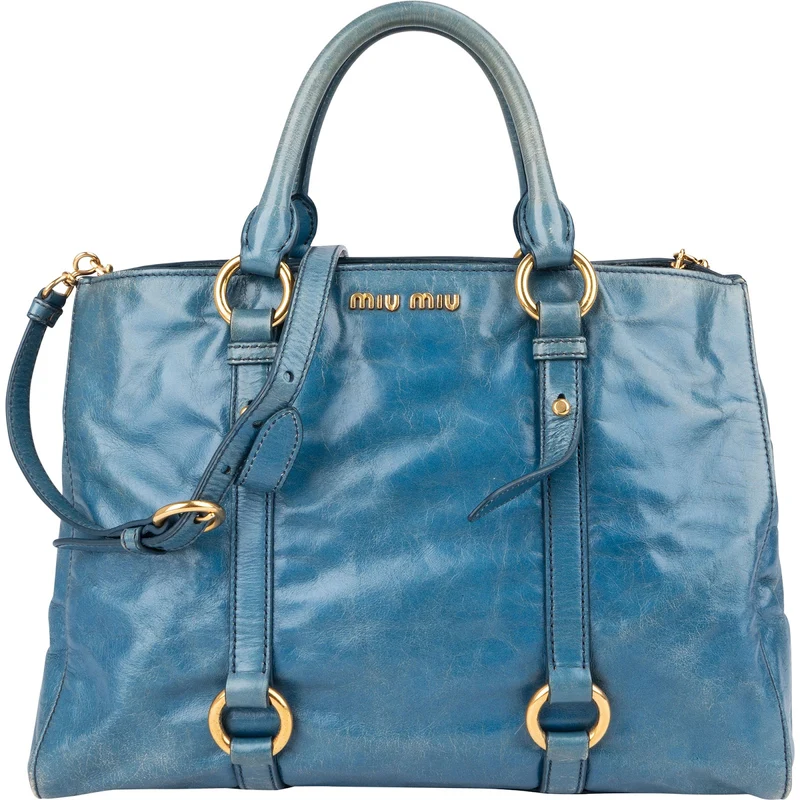 Miu Miu Blue Leather Vitello Lux Tote Handbag