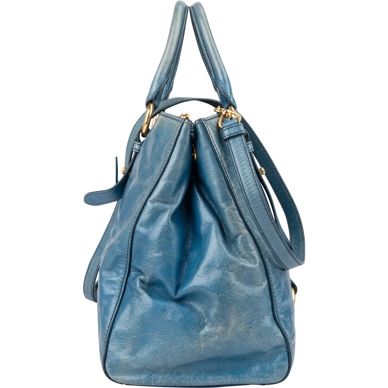 Miu Miu Blue Leather Vitello Lux Tote Handbag