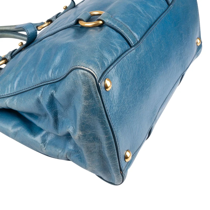 Miu Miu Blue Leather Vitello Lux Tote Handbag
