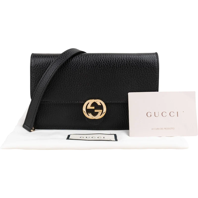 Gucci Grained Leather Interlocking GG Wallet on Chain Crossbody Bag