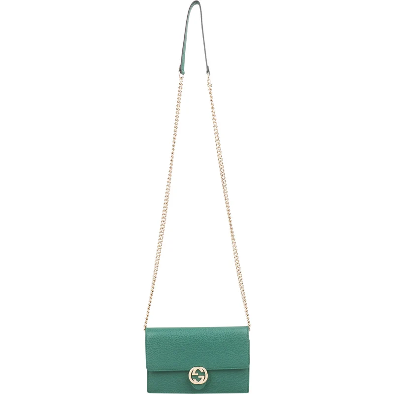 Gucci Pebbled Leather Interlocking GG Wallet on Chain Crossbody Bag