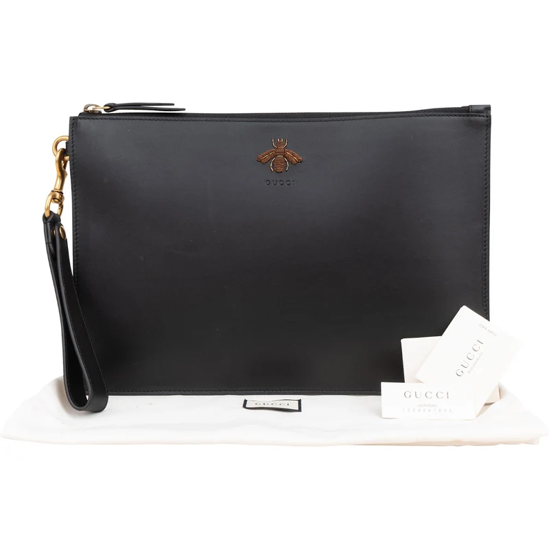 Gucci Black Leather Bee Clutch