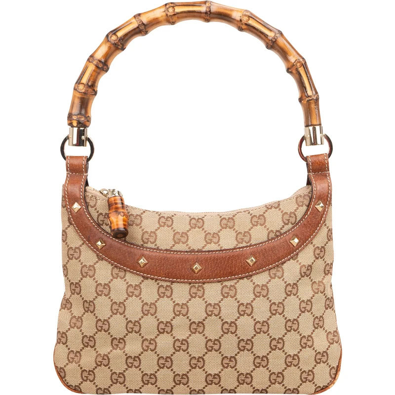 Gucci Monogram GG Bamboo Handle Studded Hobo Handbag