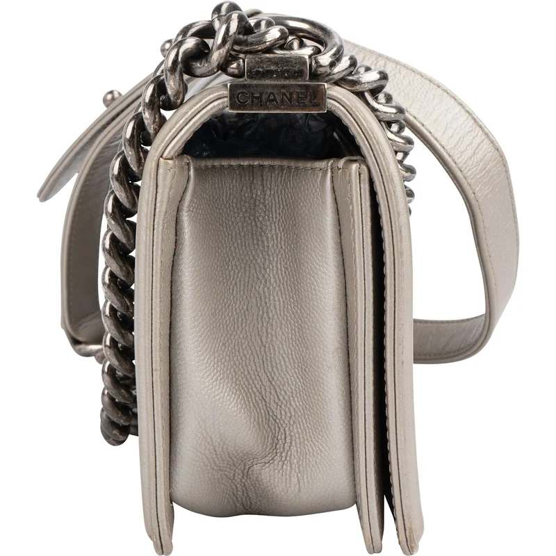 Chanel Metallic Chevron Caviar Leather Boy Single Flap Crossbody Bag