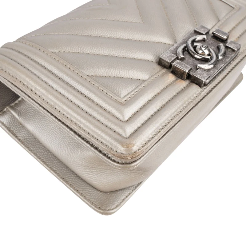 Chanel Metallic Chevron Caviar Leather Boy Single Flap Crossbody Bag