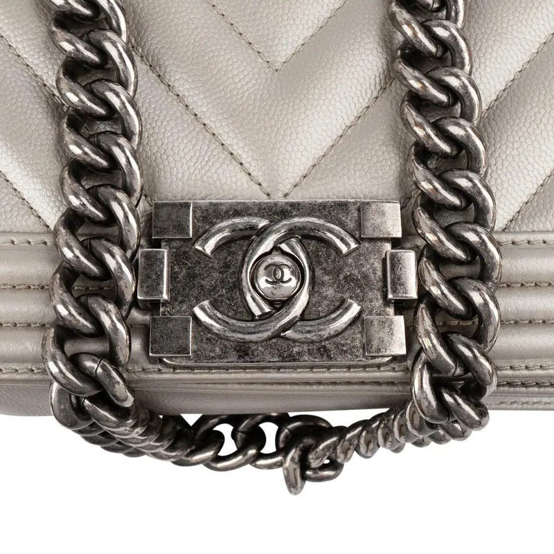 Chanel Metallic Chevron Caviar Leather Boy Single Flap Crossbody Bag