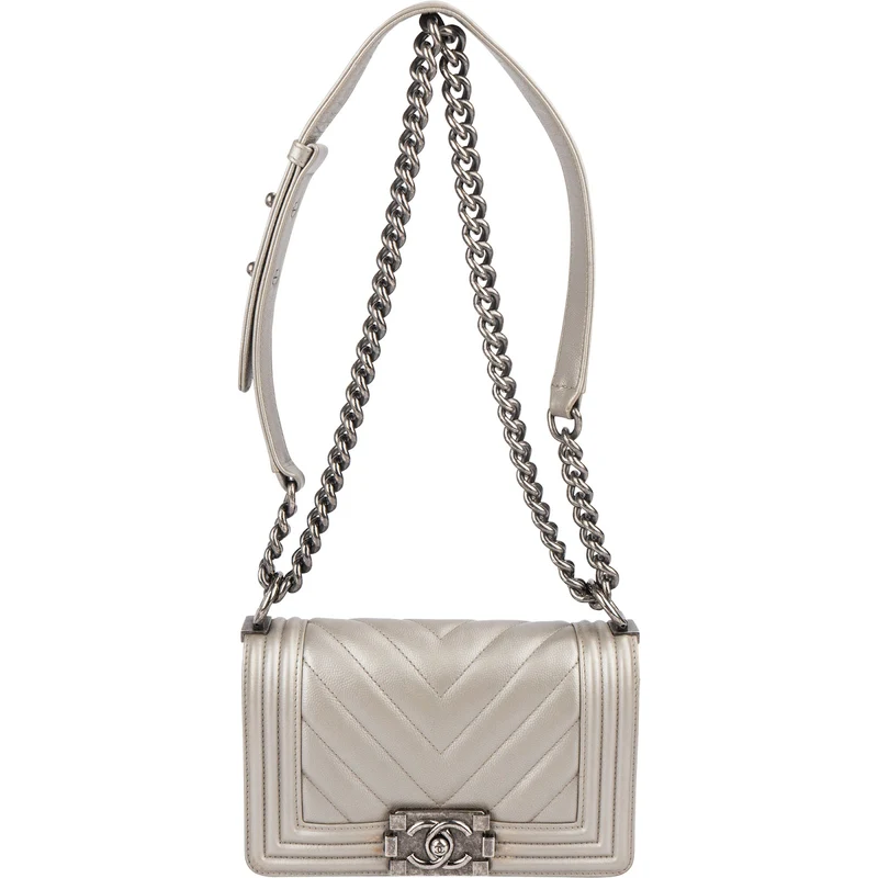 Chanel Metallic Chevron Caviar Leather Boy Single Flap Crossbody Bag