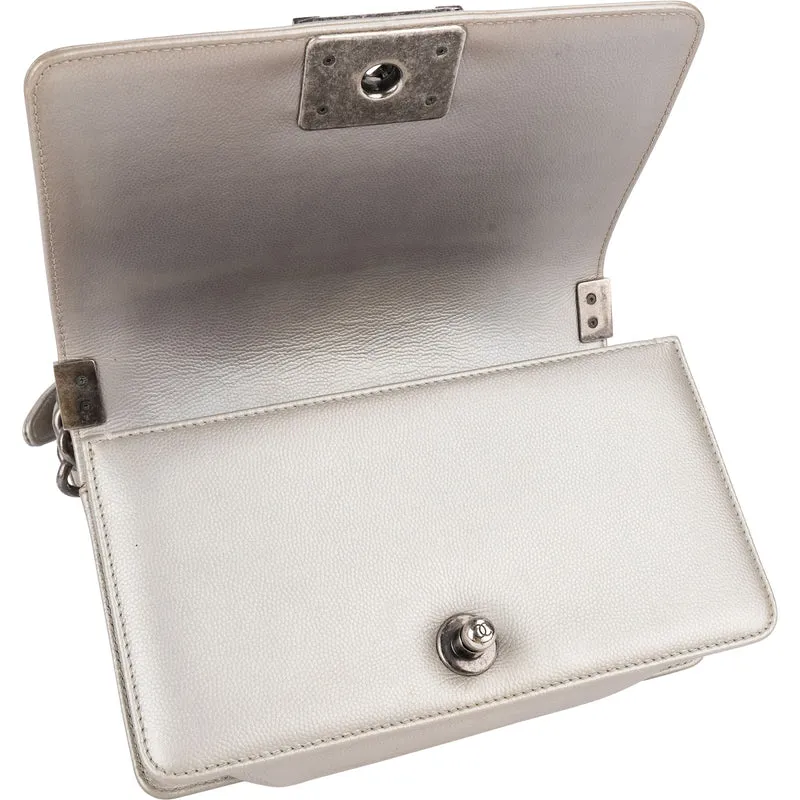 Chanel Metallic Chevron Caviar Leather Boy Single Flap Crossbody Bag