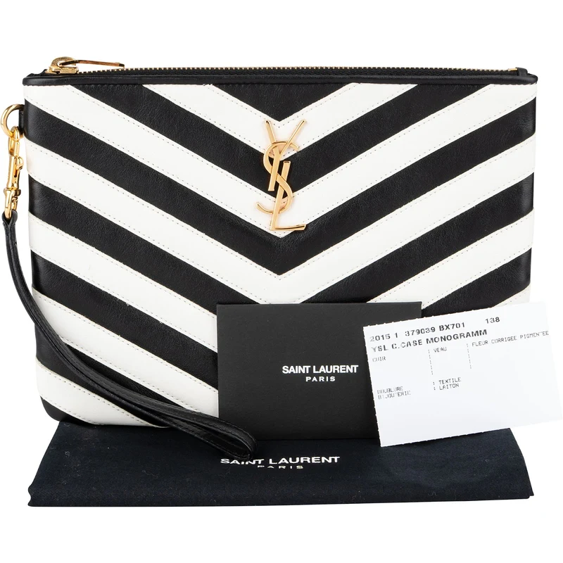 Yves Saint Laurent Chevron Quilted Monogram Leather Pouch Clutch