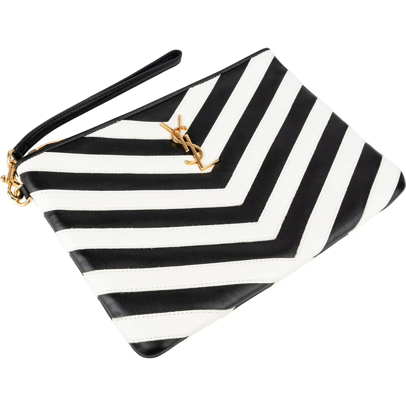 Yves Saint Laurent Chevron Quilted Monogram Leather Pouch Clutch