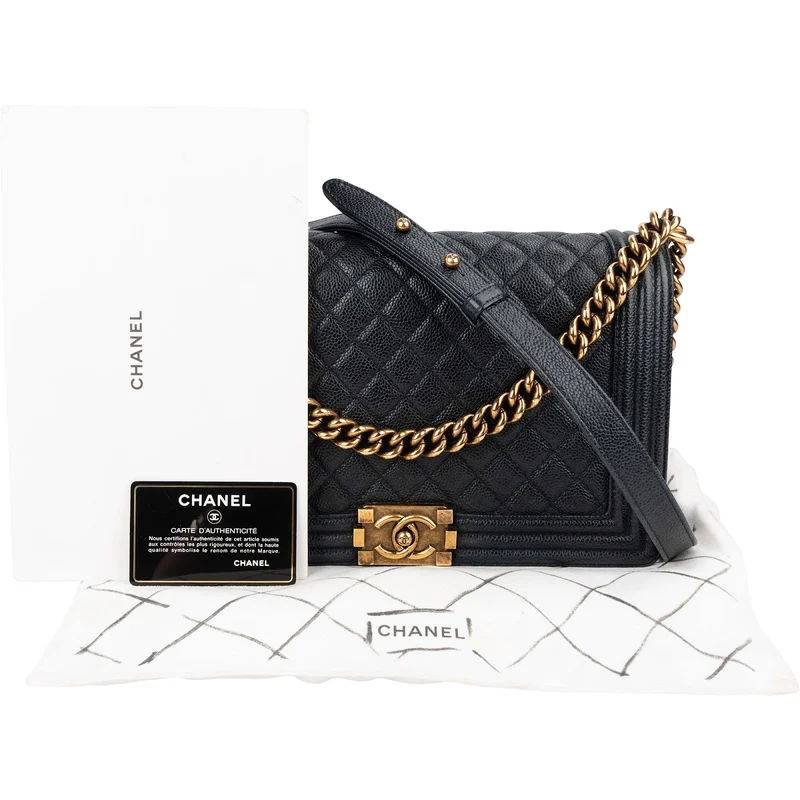 Chanel Quilted Navy Caviar Leather Large Boy Single Flap Crossbody Bag