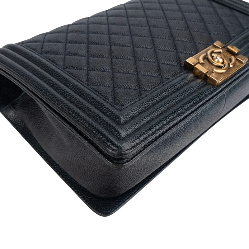 Chanel Quilted Navy Caviar Leather Large Boy Single Flap Crossbody Bag