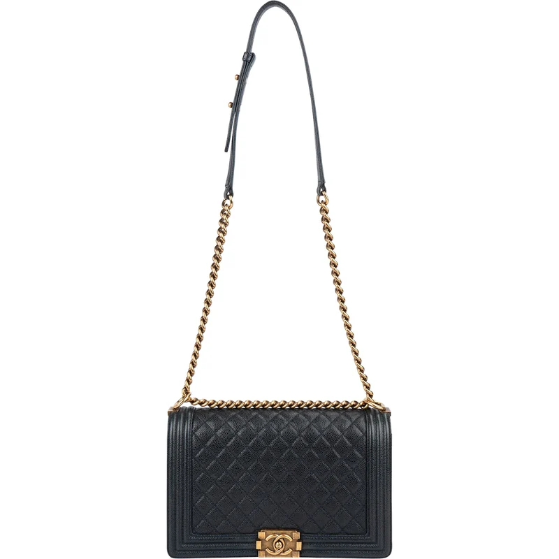Chanel Quilted Navy Caviar Leather Large Boy Single Flap Crossbody Bag