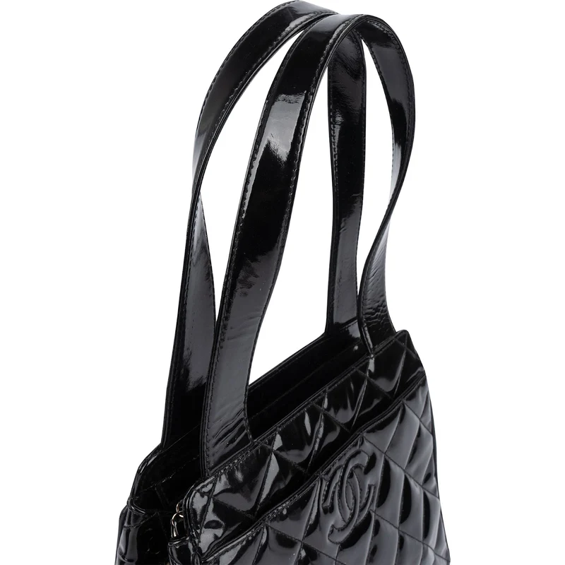 Chanel Quilted Patent Leather CC Small Tote Handbag