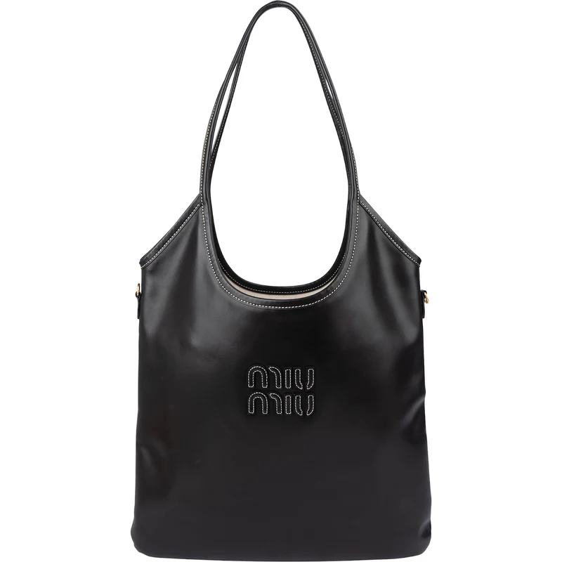 Miu Miu Smooth Leather Stitched Emblem Tote Shoulder Bag