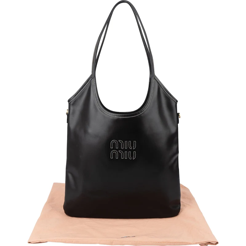 Miu Miu Smooth Leather Stitched Emblem Tote Shoulder Bag