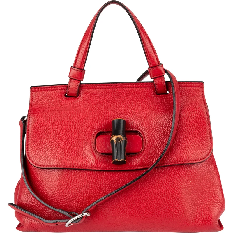 Gucci Red Pebbled Leather Bamboo Daily Top Handle Handbag