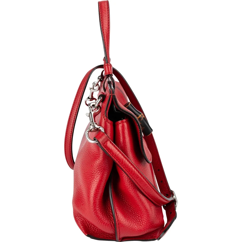 Gucci Red Pebbled Leather Bamboo Daily Top Handle Handbag