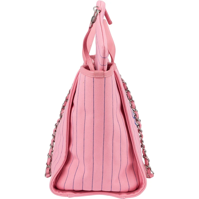 Chanel Canvas Pinstripe Baseball Bicolor Deauville Tote Shopper Shoulder Bag