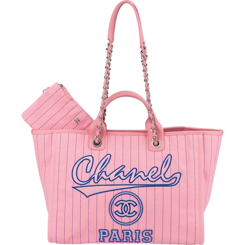 Chanel Canvas Pinstripe Baseball Bicolor Deauville Tote Shopper Shoulder Bag