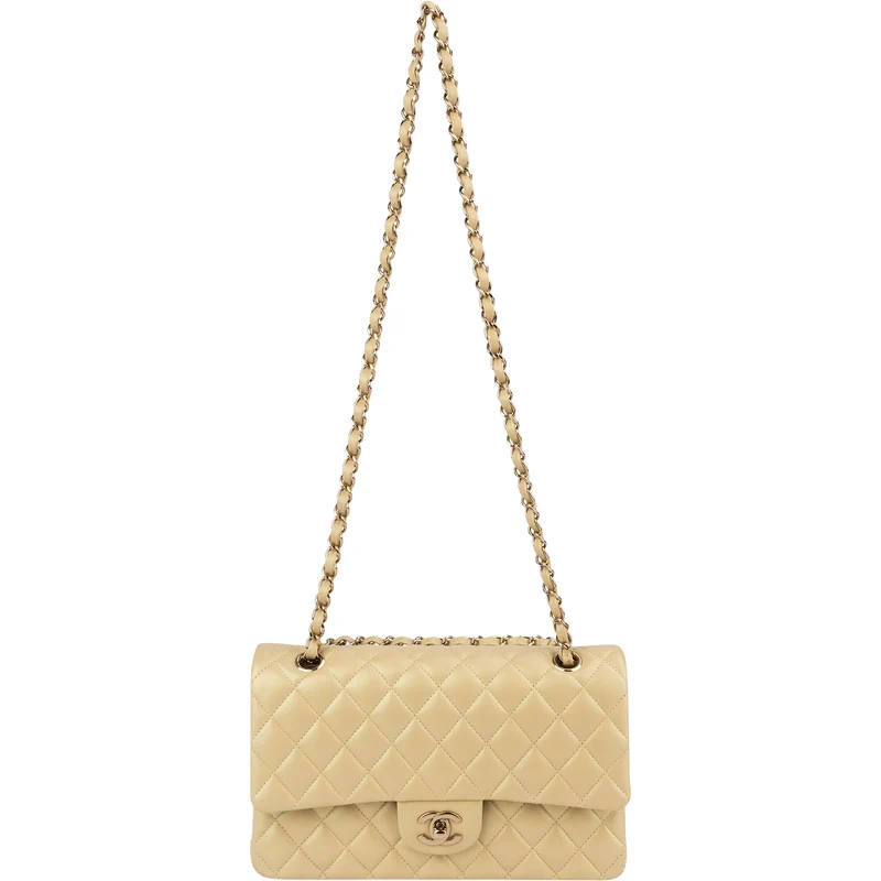 Chanel Gold Shimmering Quilted Lambskin Medium Double Flap Shoulder Bag