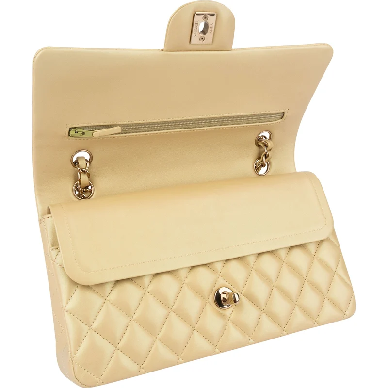Chanel Gold Shimmering Quilted Lambskin Medium Double Flap Shoulder Bag