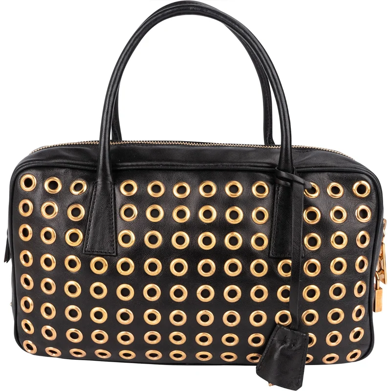 Prada Black Calf Leather Metal Grommet Bauletto Handbag