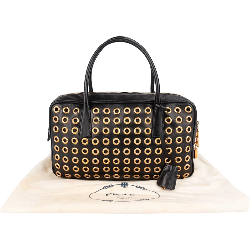 Prada Black Calf Leather Metal Grommet Bauletto Handbag