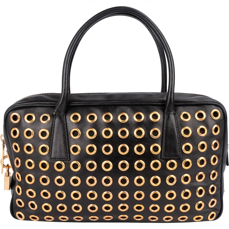 Prada Black Calf Leather Metal Grommet Bauletto Handbag