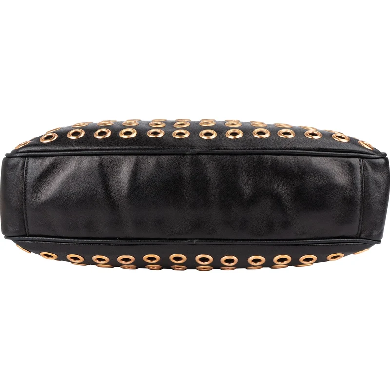 Prada Black Calf Leather Metal Grommet Bauletto Handbag