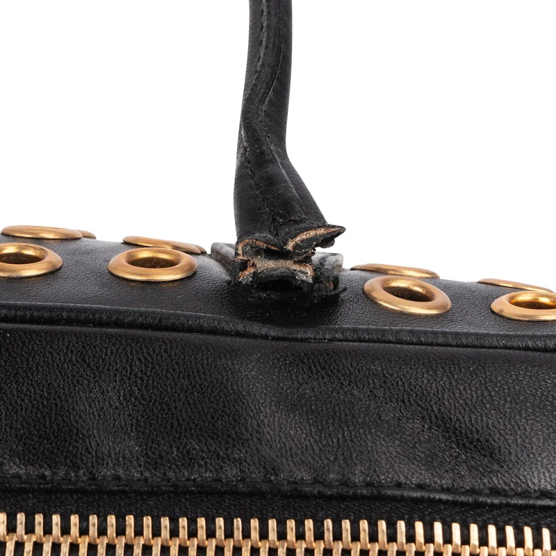 Prada Black Calf Leather Metal Grommet Bauletto Handbag