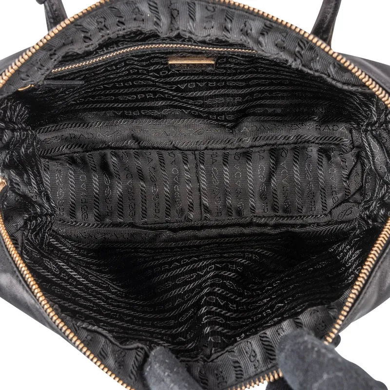 Prada Black Calf Leather Metal Grommet Bauletto Handbag